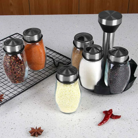 7pcs/set, Multifunctional Revolving Spice Rack with 6 Spice Jars